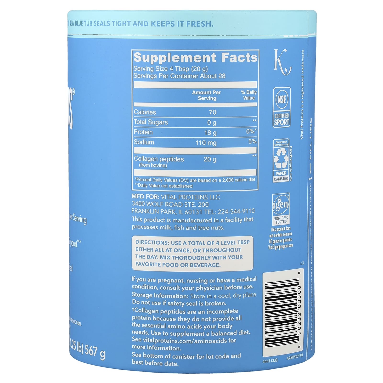 Vital Proteins, 膠原蛋白肽,原味,20 盎司(567 克)