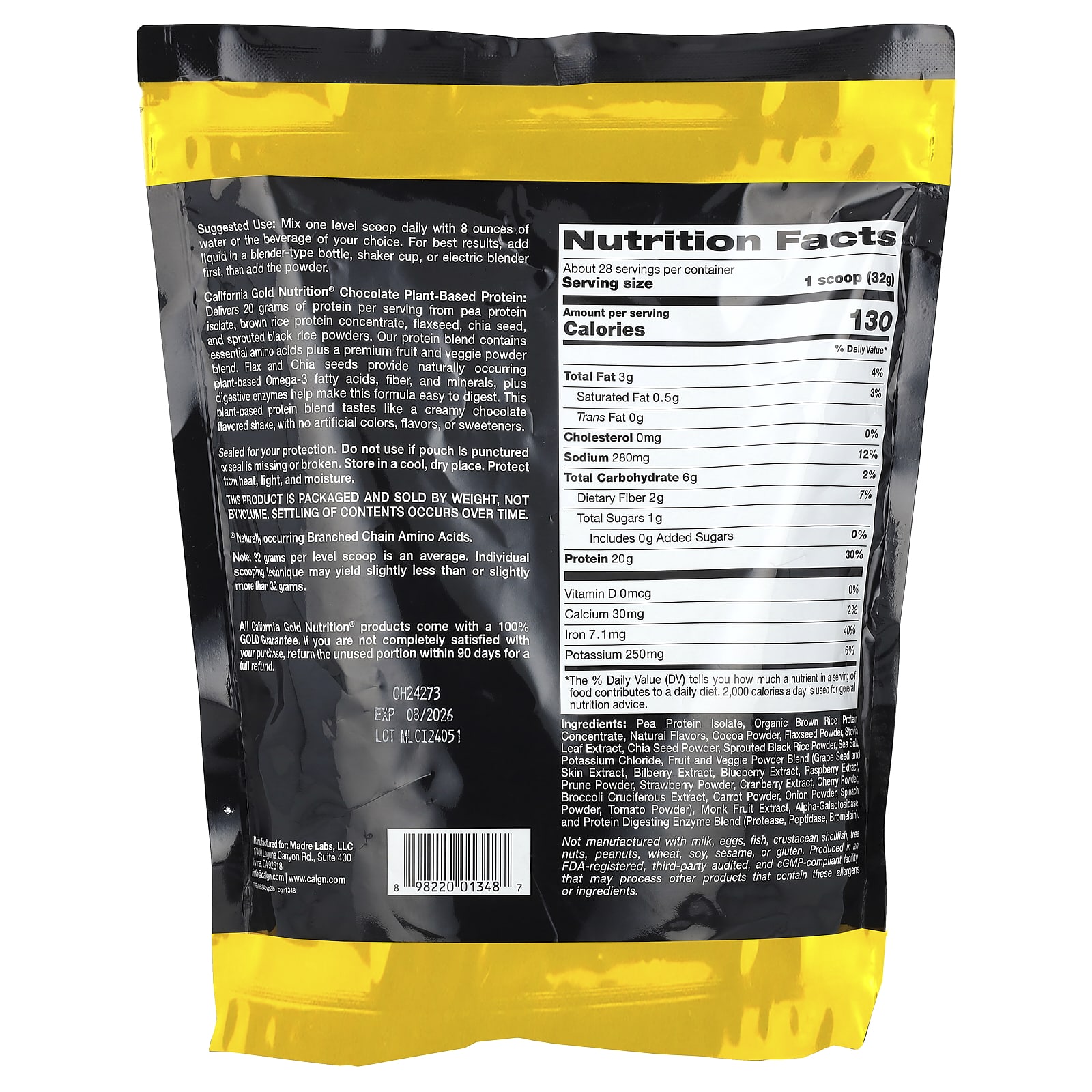 California Gold Nutrition, 運動,植物基蛋白,含有機糙米濃縮蛋白、亞麻籽、奇亞籽,巧克力味,2 磅(907 克)