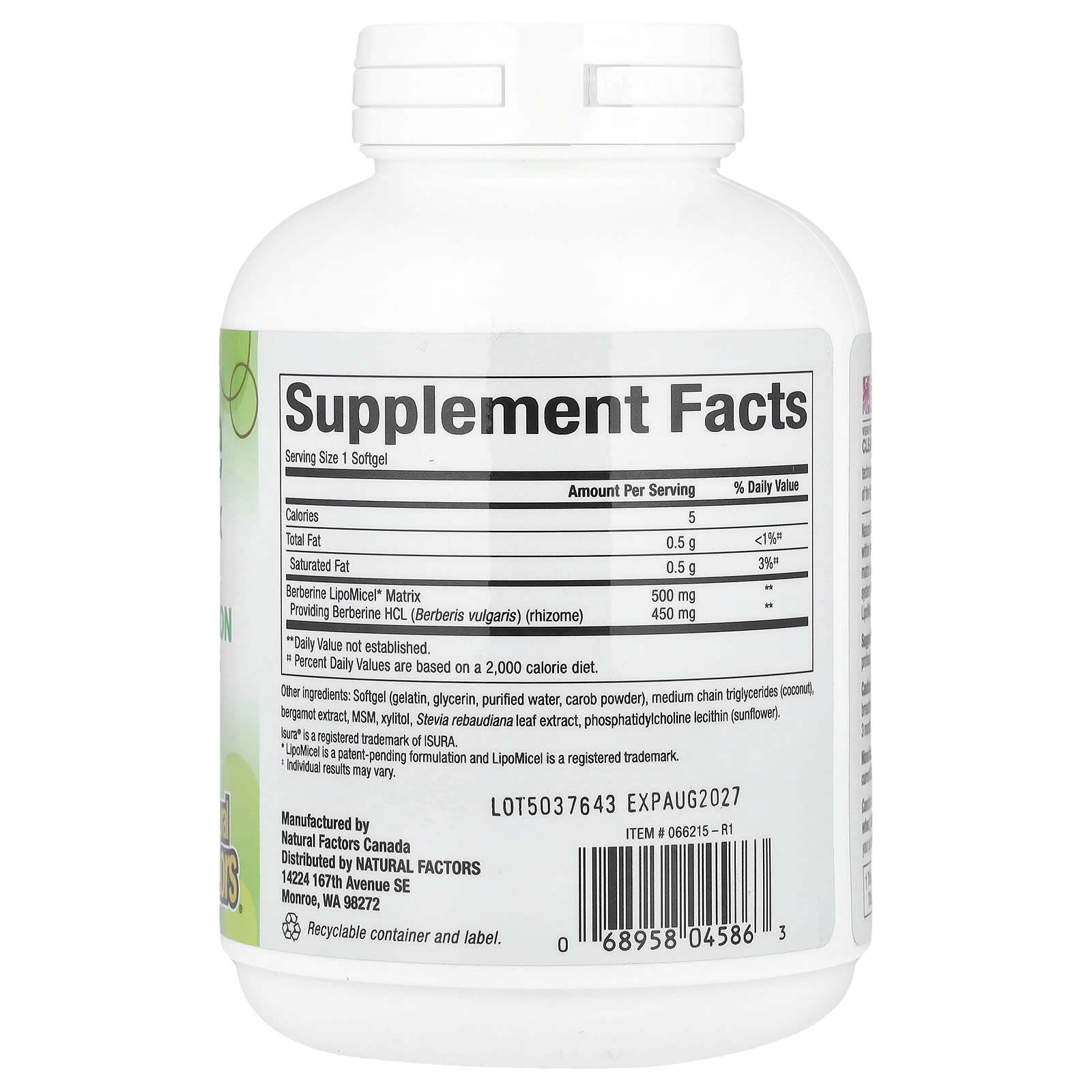 Natural Factors, Berberine LipoMicel Matrix,90 粒液體軟膠囊